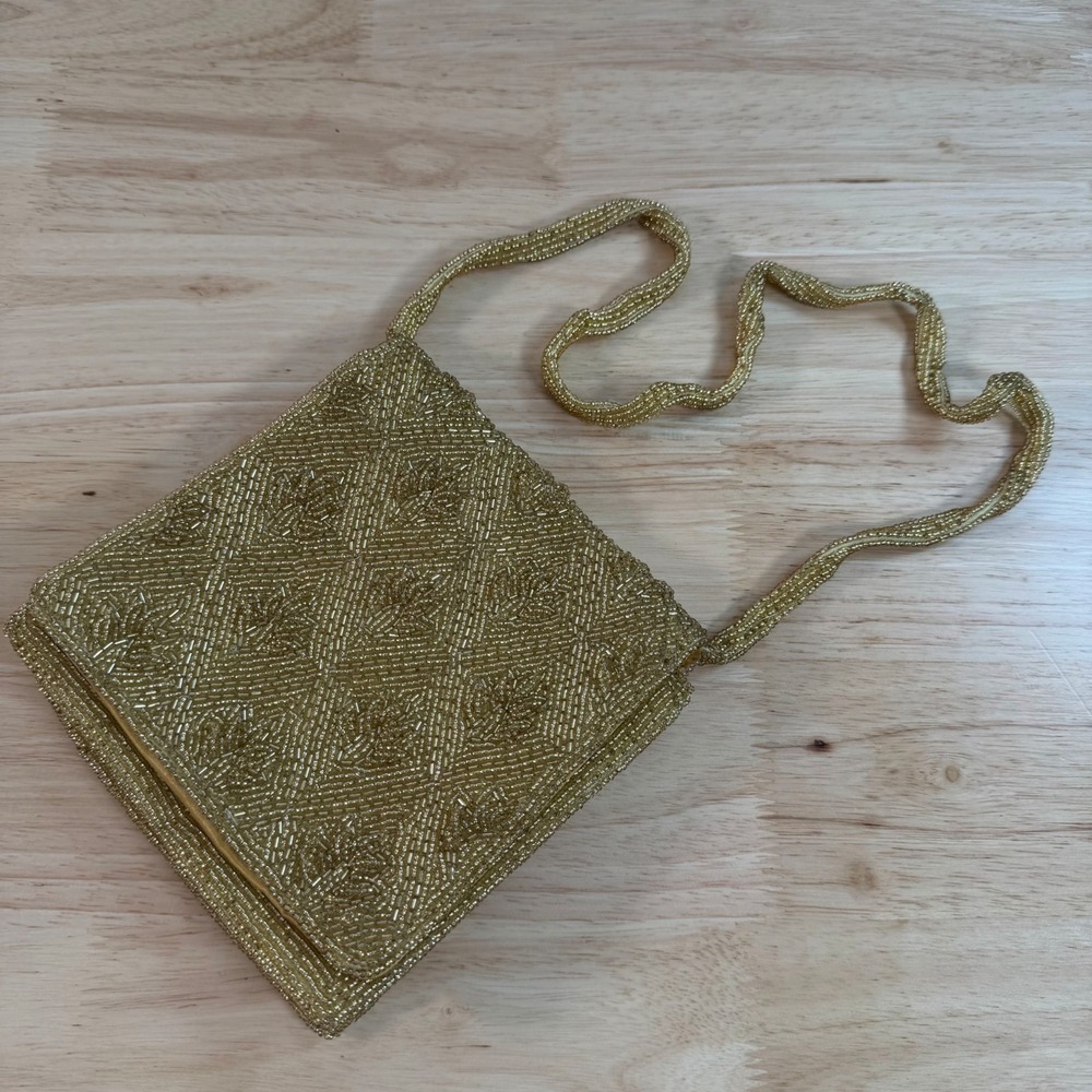 Vintage Embellished Gold Seed Beaded Snap Flap Front Shoulder Strap Purse